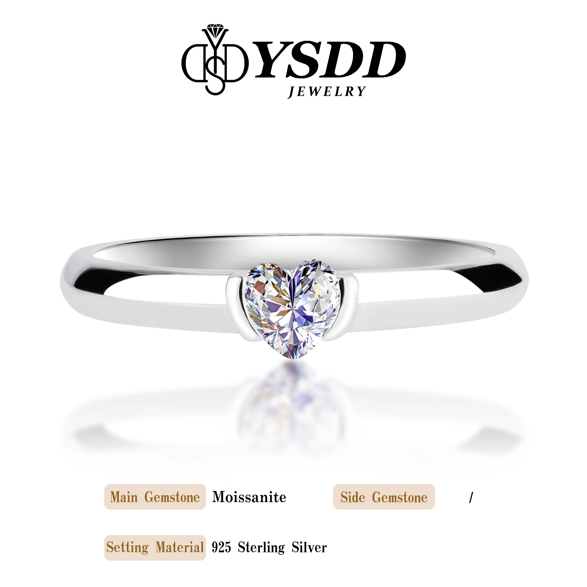 # 183 YSDD ของแท้ 925 เงินสเตอร์ลิงรูปหัวใจ Moissanite Diamond Lady แต่งงานแหวนประณีตเครื่องประดับเข็มขัดใบรับรอง