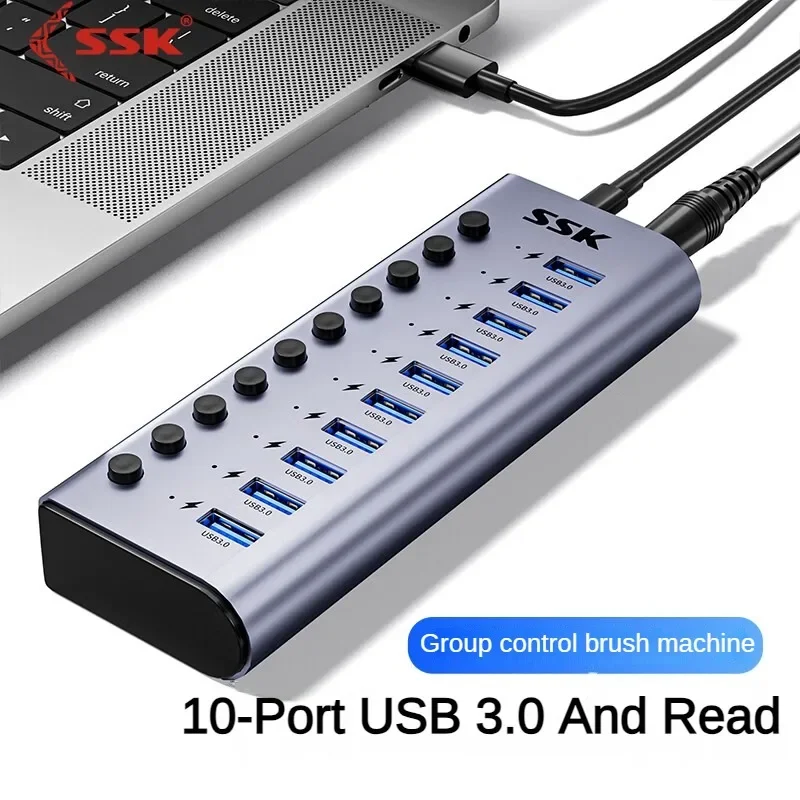 Imagem -04 - Ssk-alumínio Usb c Hub Splitter Socket Split Switch Dock On-off Key 12v Adaptador de Alimentação para Macbook Phone Splitter Port 10 Port