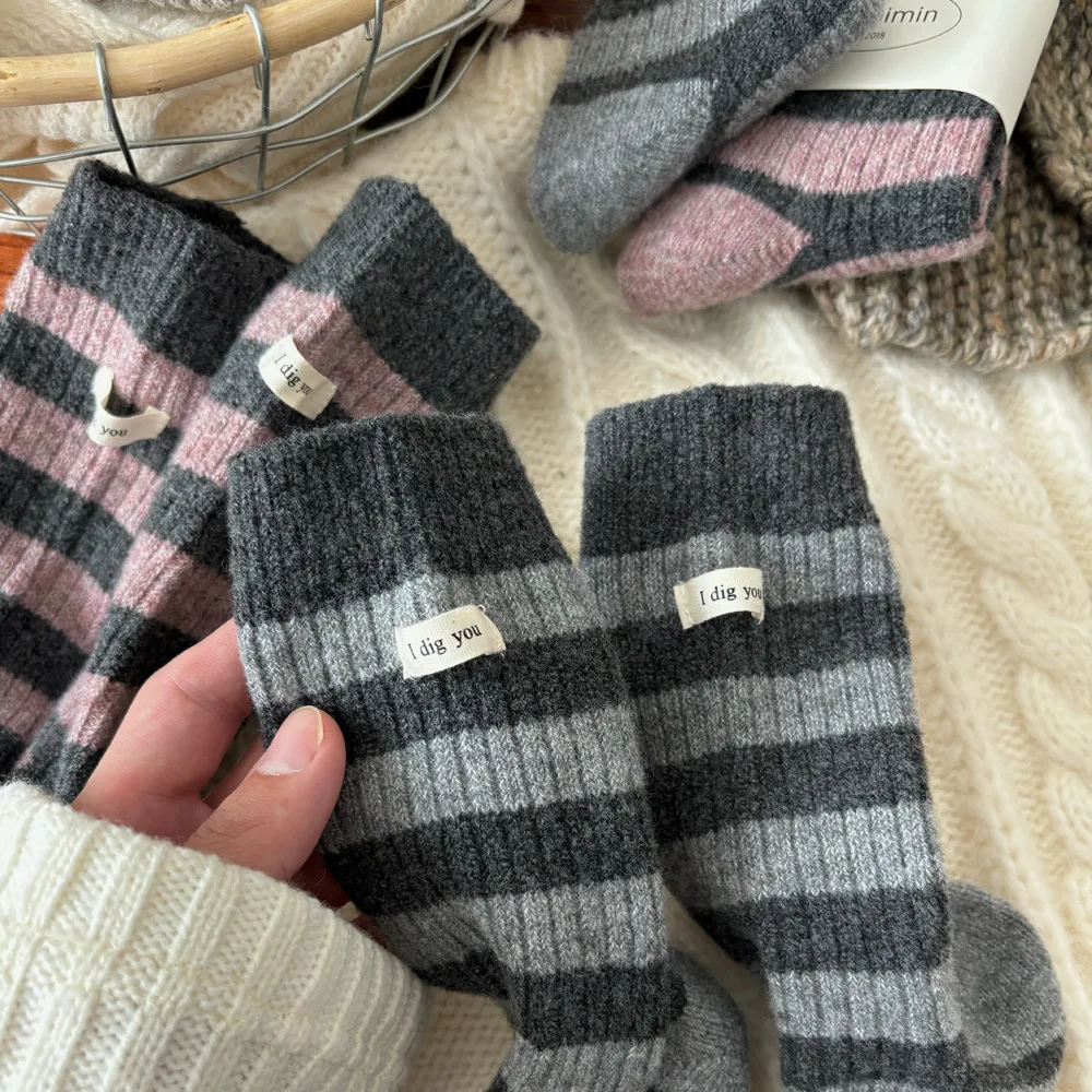 

6 Pairs Korean Style Wool Socks for Women Autumn Winter Striped Thick Warm Mid Tube Socks Thermal Socks for Girls High Quality