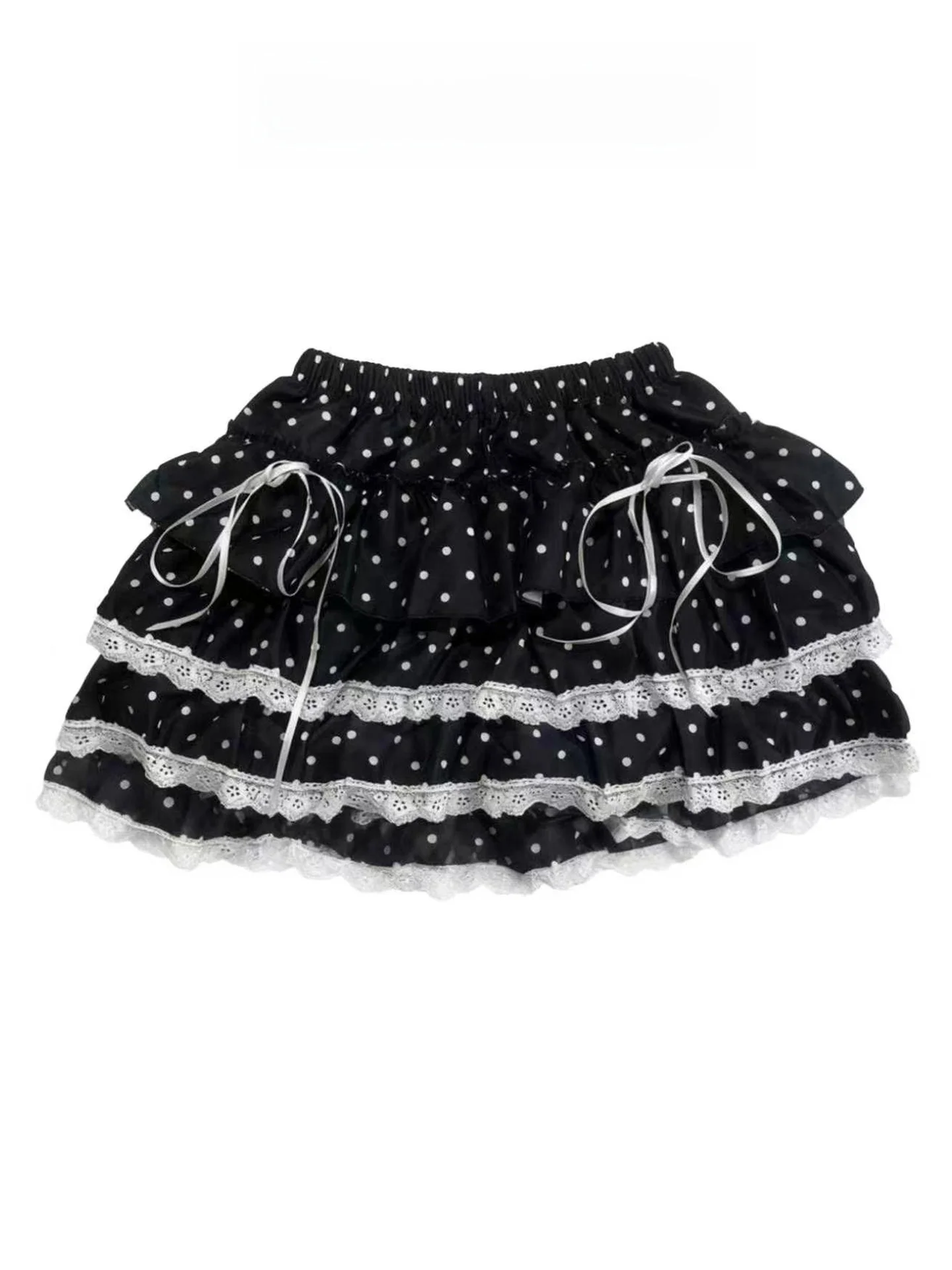Sweet  Knot Lace Trim Polka Dot Half Skirt Light Summer A-Line Short Cake Skirt for Young Girls Retro Commute Casual