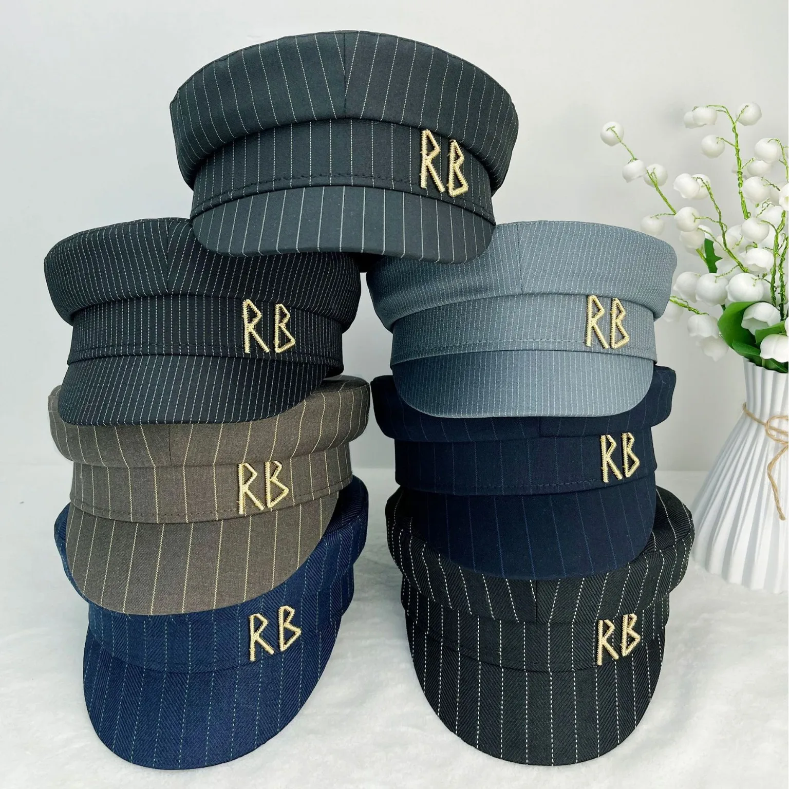 Retro Spring/Summer Collection Women's Suited Fabric Gold Letter Navy Striped Caps Versatile Niche Street Newsboy Hat Boinas