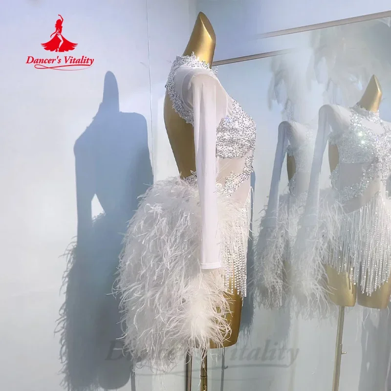 Latin Dance Costume High End Customized Luxury Rhinestones Tassel Feather Dress Women\'s Samba Rumba Tango Performance Clothing