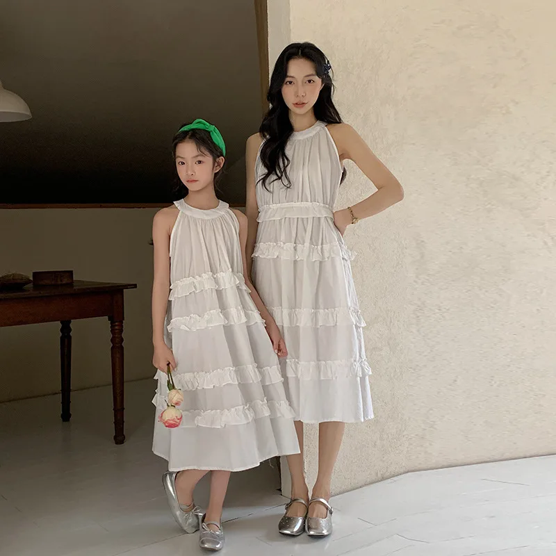 2026 Summer Dress for Parent Child Style French High End White Sleeveless Tiered Skirt for Mother and Daughter