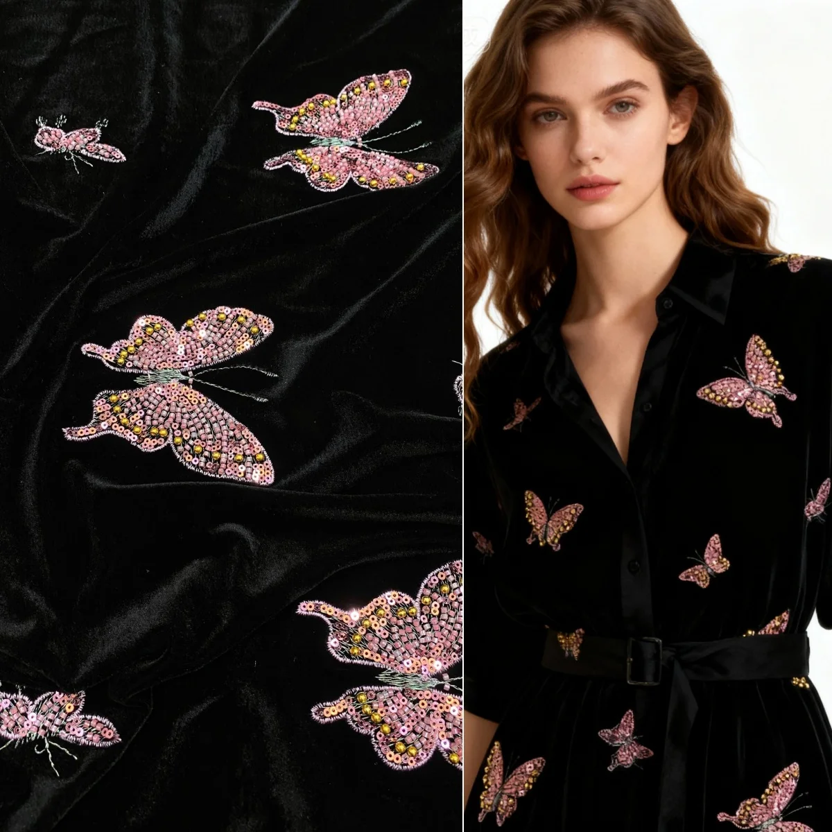 

Осенне-зимняя бархатная нижняя вышивка бабочкой + жемчужная вышивка пузырьками, шитье вечернего платья, ткань с жемчужной вышивкой