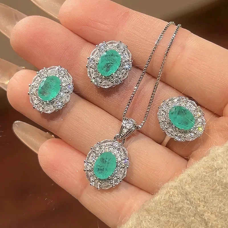 

Luxury Emerald Oval Jewelry Adjustable Ring Pendant Necklace Halo Earrings Sparkling Women's Fine Jewelry for Wedding Party Gift