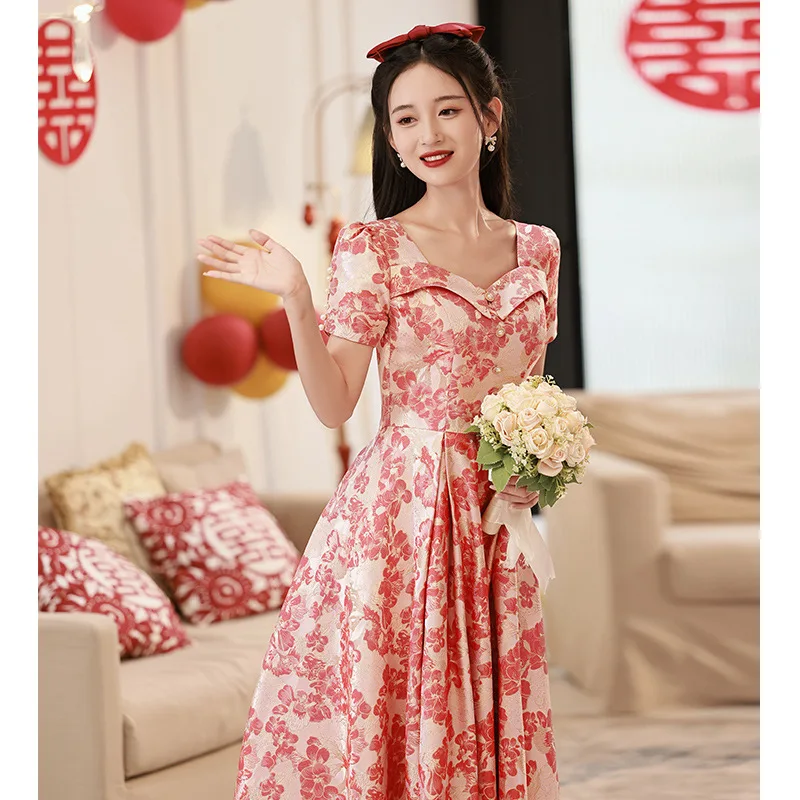 

Red Print Summer New Bridesmaid Wedding Party Dressing Gown Women Short Sleeve Elegant Cheongsam Vestidso Satin Qipao