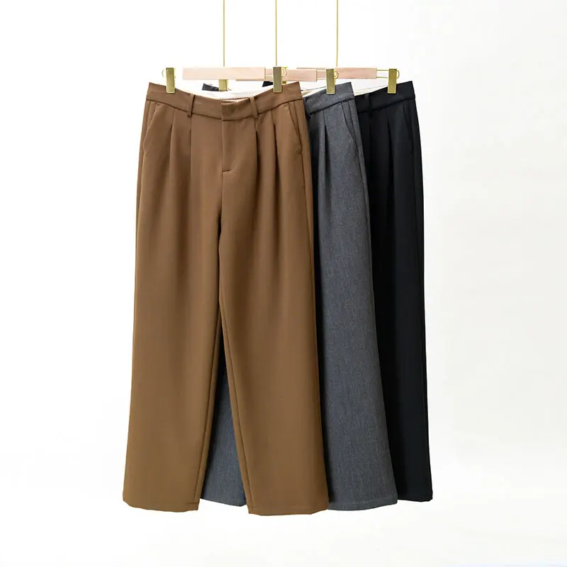 

Spring Sle High Waist Straight Leg Pants Drapey Loose Fit Versatile Casual Trousers for Women Polyester Viscose Spandex Blend