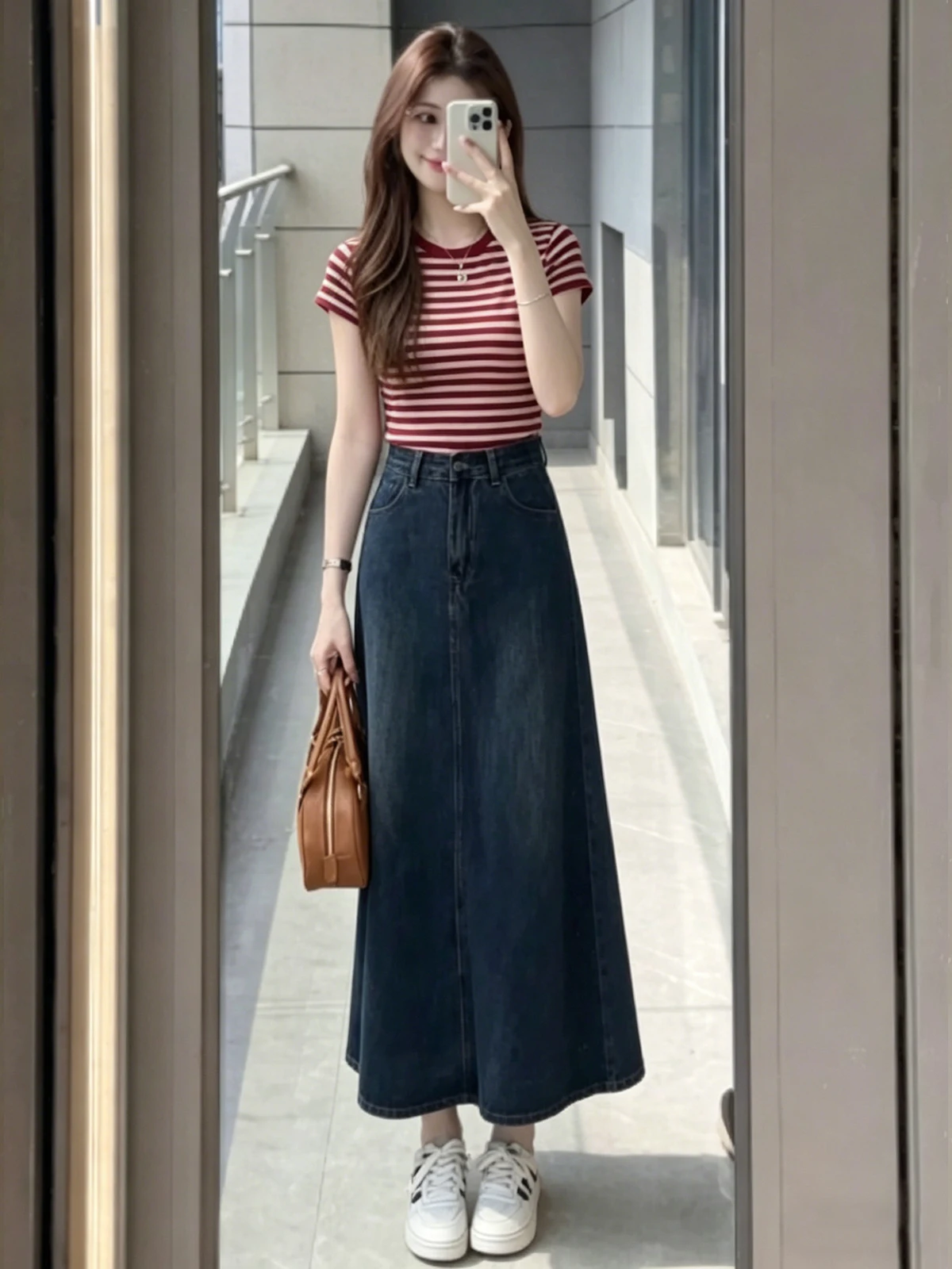 

Retro Spicy Girl Fashion Set Women Summer 2026 New Striped Short Sleeve Top Denim Skirt Two Piece Set Casual Style