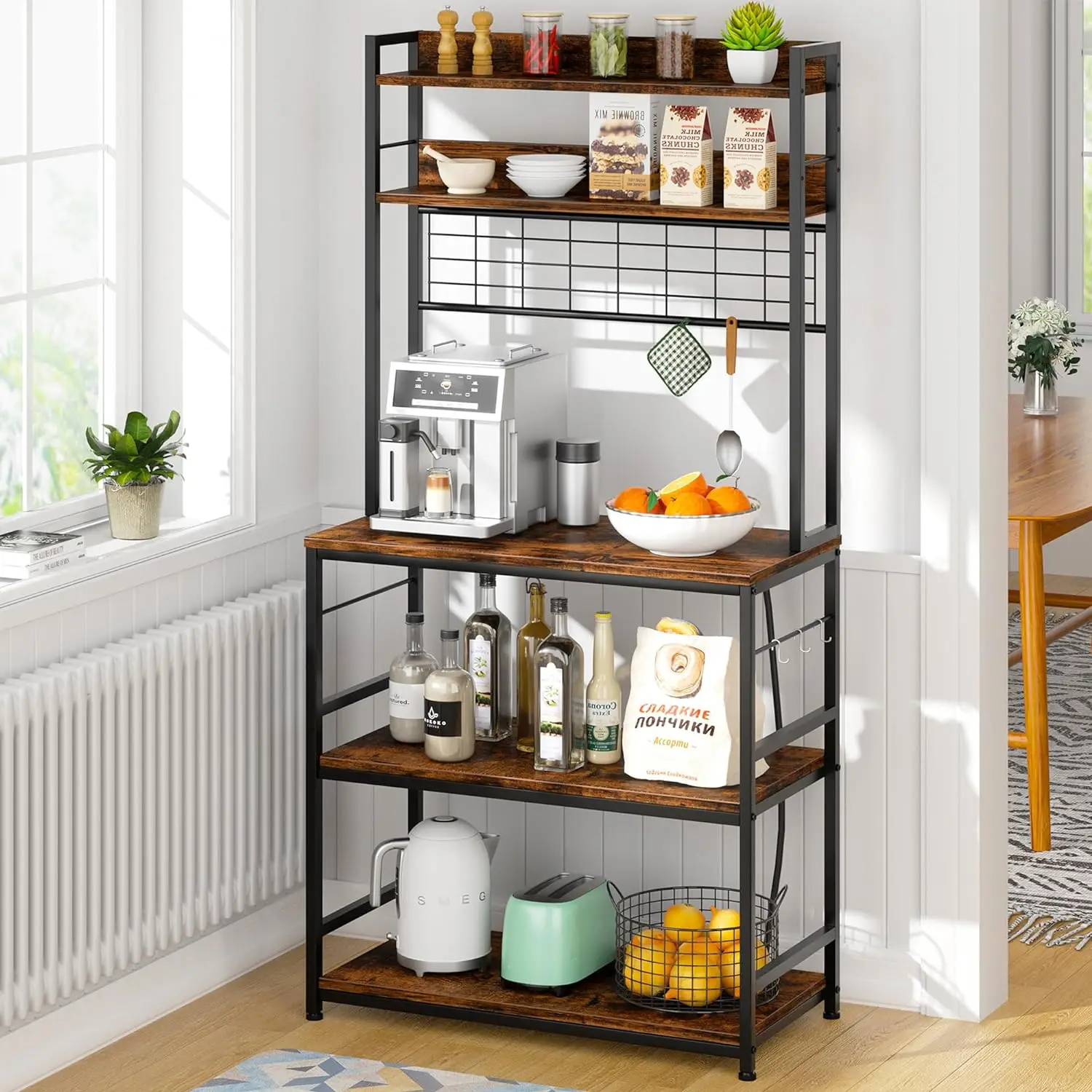 Kitchen Bakers Rack w/ Power Outlet, Kitchen Racks w/ Storage Cabinet, 5-Tier Microwave Stand with 10 Hooks and Metal Wire Panel