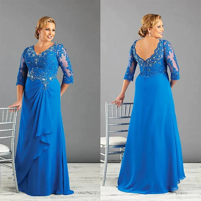 

Blue Elegant Long Mother of The Bride Dresses Half Sleeve Chiffon Lace Wedding Mother Dress Guest Party Formal Gowns