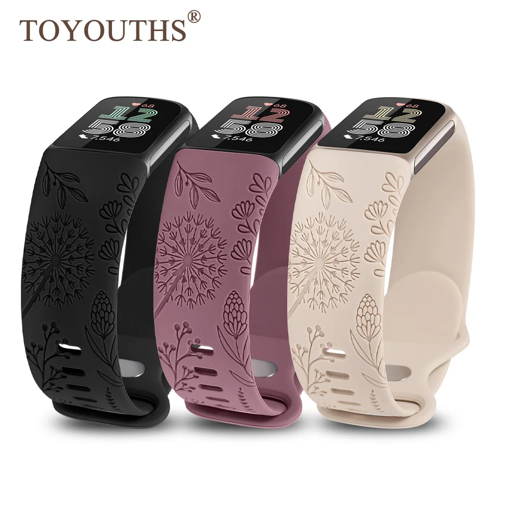 

TOYOUTHS 3packs Floral Engraved Watch Strap For Fitbit Charge 6/Fitbit Charge 5 Sport Solo Loop Strap For Fitbit Charge 5