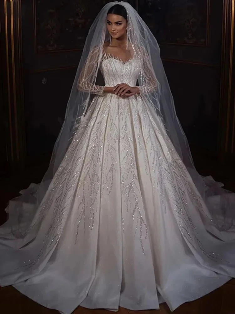

Scoop Neck A Line Shiny Sequined Wedding Dresses 2025Long Sleeves Women Princess Beaded Bridal Dress with Court Train Customized