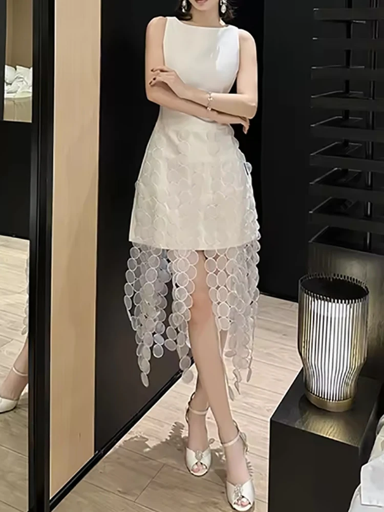 

Women's Off-Shoulder Solid Spliced Tassel Slimming Dress O-Neck Sleeveless High Waist Temperament Dress Female Fashion Clothes