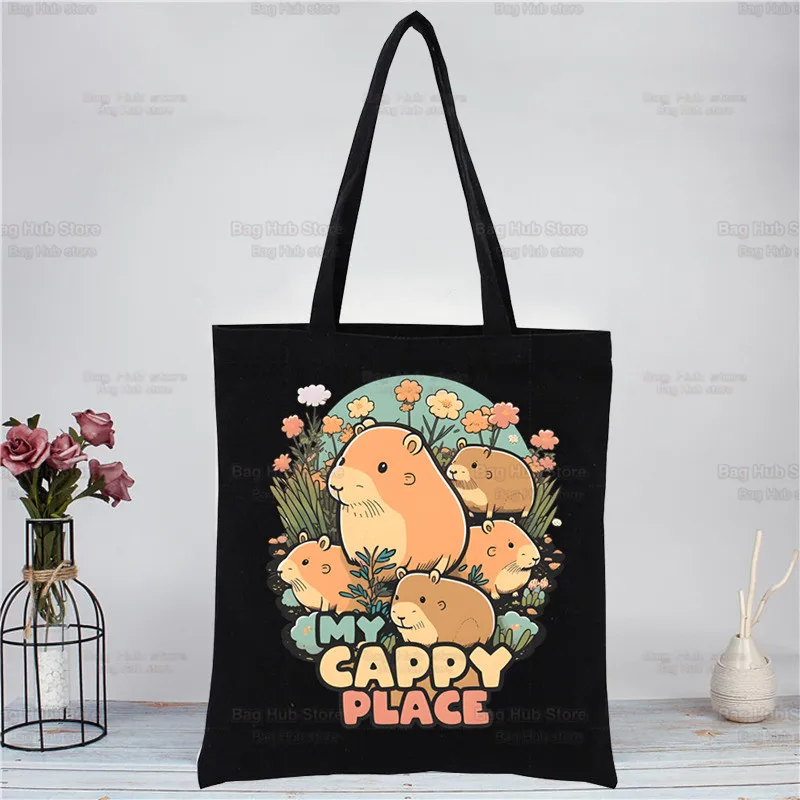 Funny Animals Capybara Cartoon Cute Women's Shopper Bag Canvas Tote Shoulder Bags Shopping Bag Black Cloth Handbags Eco Friendly