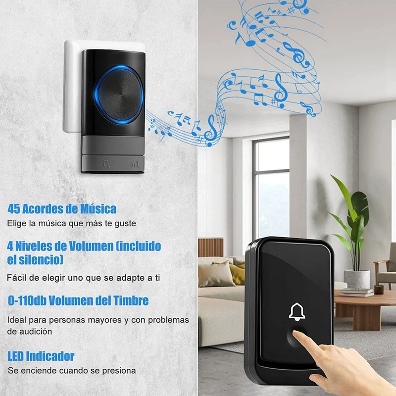 Wireless Doorbell Waterproof Doorbell Kit 200 Meter Range With 45 Selectable Melodies, 4 Volume Level For Office US Plug