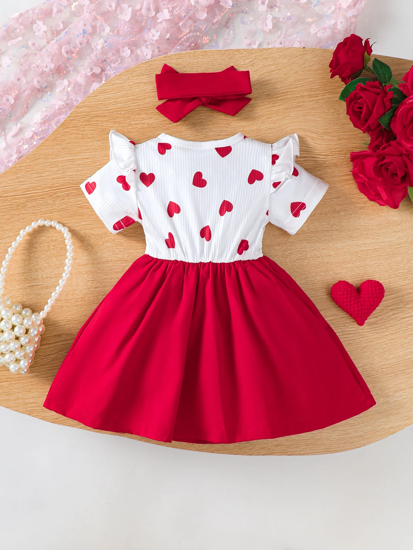 Vestido de niña de 0 a 3 años, cuello redondo, lazo estampado en forma de corazón, vestido de princesa + diadema, vestido de fiesta de verano para niña pequeña