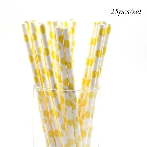 1set Lemon Themed Disposable Tableware Paper Straw/Cups/Banner for Lemon Themed Summer Pool Birthday Party Decorations