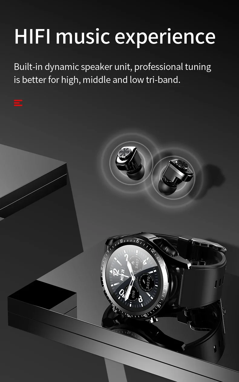 Men's smartwatch, device with TWS earphones, Bluetooth, call, music control, blood pressure monitoring, Android and iOS