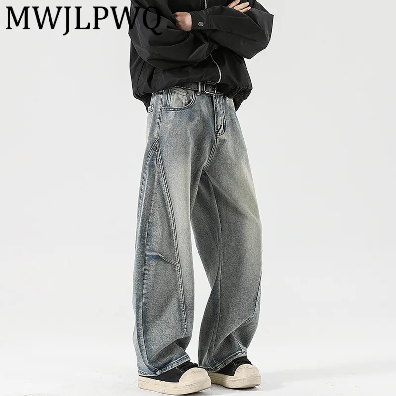 

MWJLPWQ мужские потертые винтажные лоскутные джинсы в американском стиле High Street унисекс свободные широкие прямые длинные брюки 12429