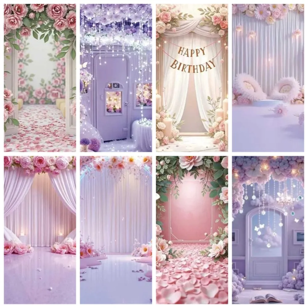 

Fairy Tale Forest Pink Flower Arches Wedding Theme Banner Background, Flower Wallpaper Birthday Decoration Photography Backdrop