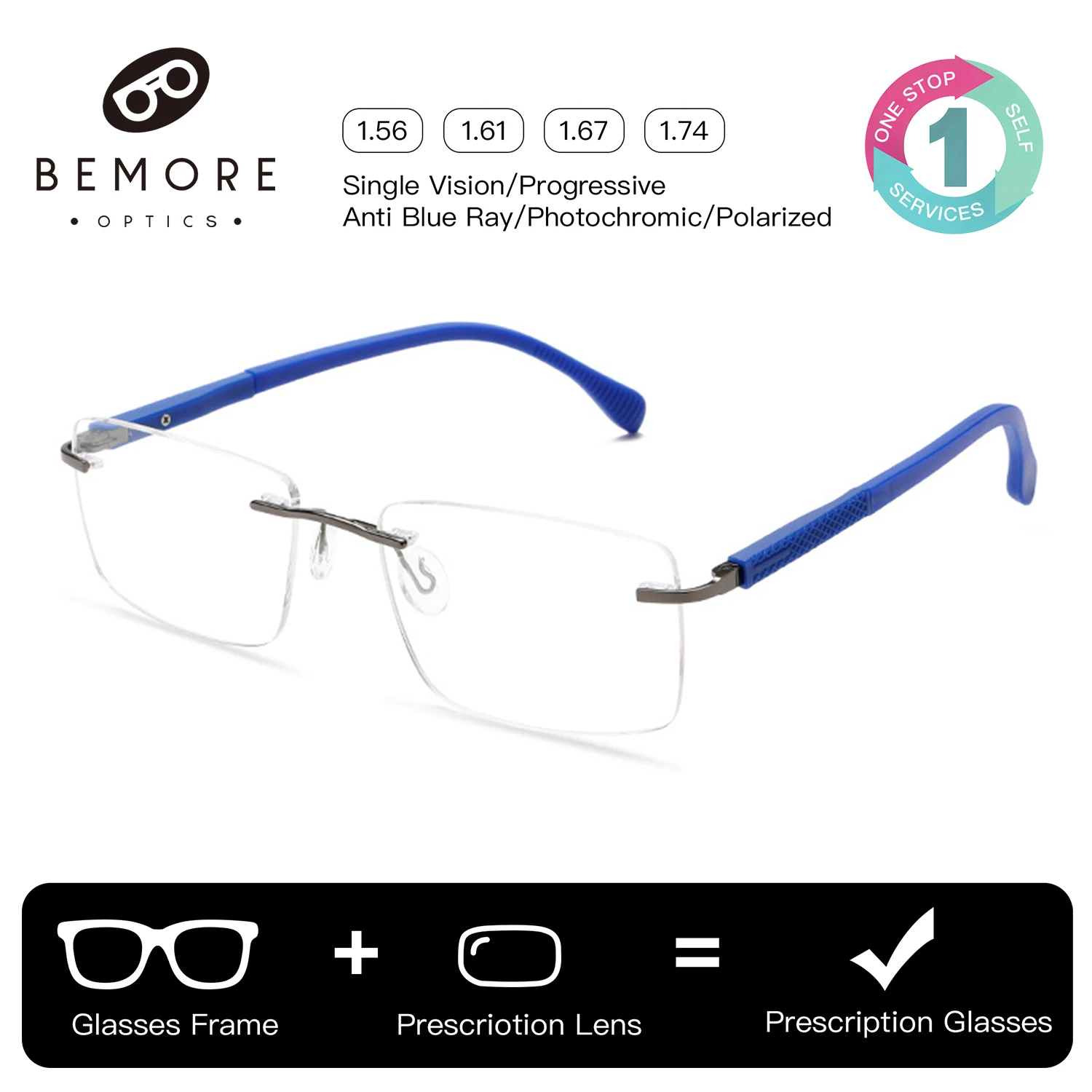 

BEMORE Alloy Rimless Prescription Eyeglasses Men's Medical Glasses Photochromic Anti Blue Light Myopia Optical Eyeglasses