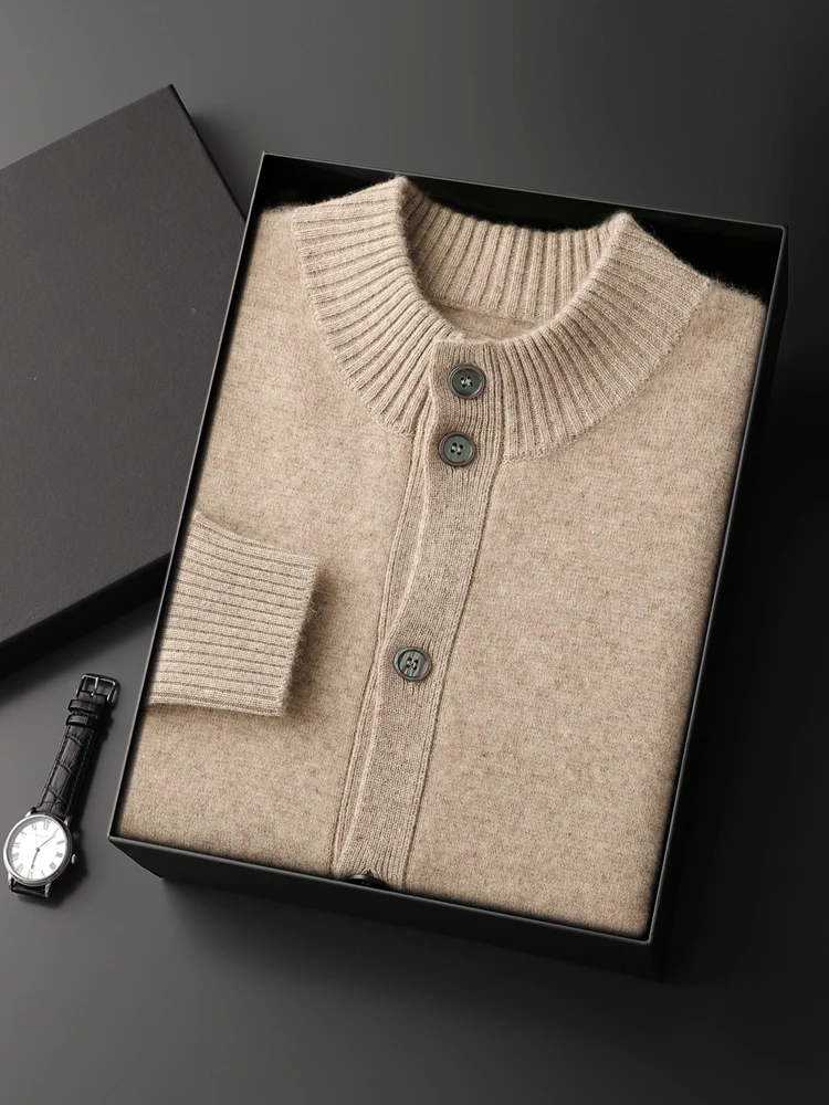 High Quality Men 100% Cashmere Sweater Autumn Winter Thick Buttons Cardigan Mock-neck Smart Casual Coat Warm Cashmere Knitwear