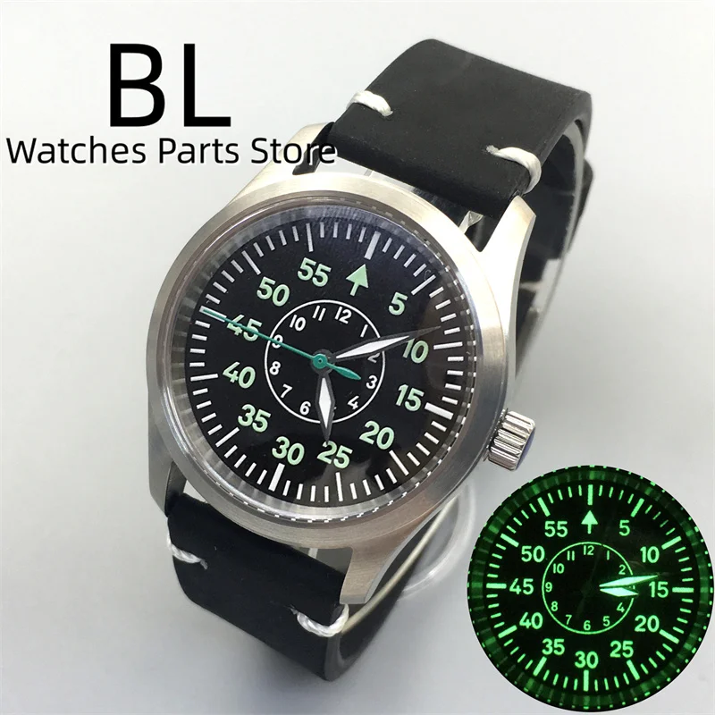 BLIGER 36mm/39mm NH35 Automatic Dive Pilot Men\'s Watch Micro Domed Sapphire Glass Green Luminous Dial Leather Strap Screw Crown