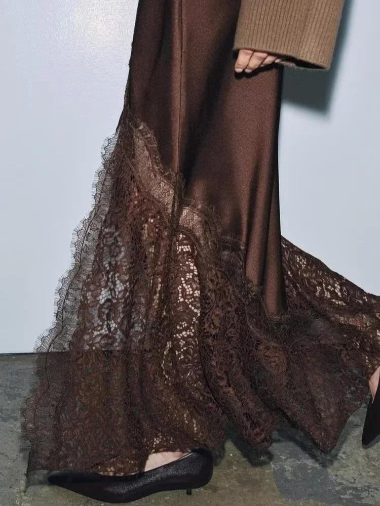 

Chic Lace Patchwork Women's Long Skirt Elegant Fashion Waist Cinched Mid-length Bottom Lady 2025 Party Daily Street Skirts New