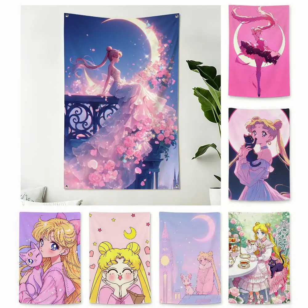 Pink S-Sailor Moon Home Decor Wall Hanging Vertical Flags Indoor Outdoor