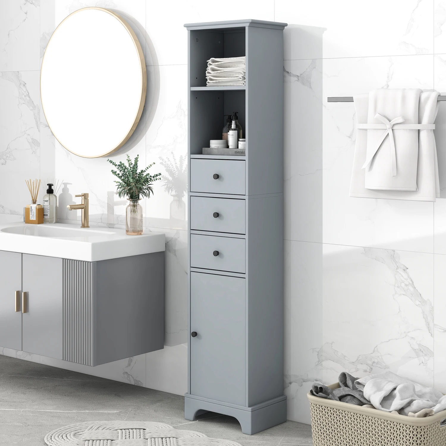 Mueble de baño alto gris, mueble de almacenamiento independiente con 3 cajones y estante ajustable, tablero de MDF con acabado pintado