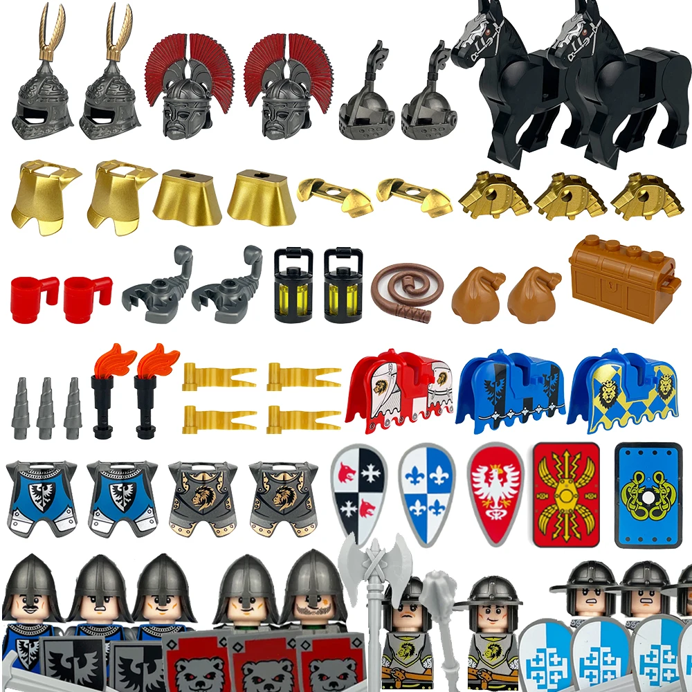 MOC-figuras de Castillo de caballero Medieval, bloques de construcción, arma, lobo, espadas, guardia, arco, flecha, escudo, banderas, juguetes de caballo de guerra, regalos S002