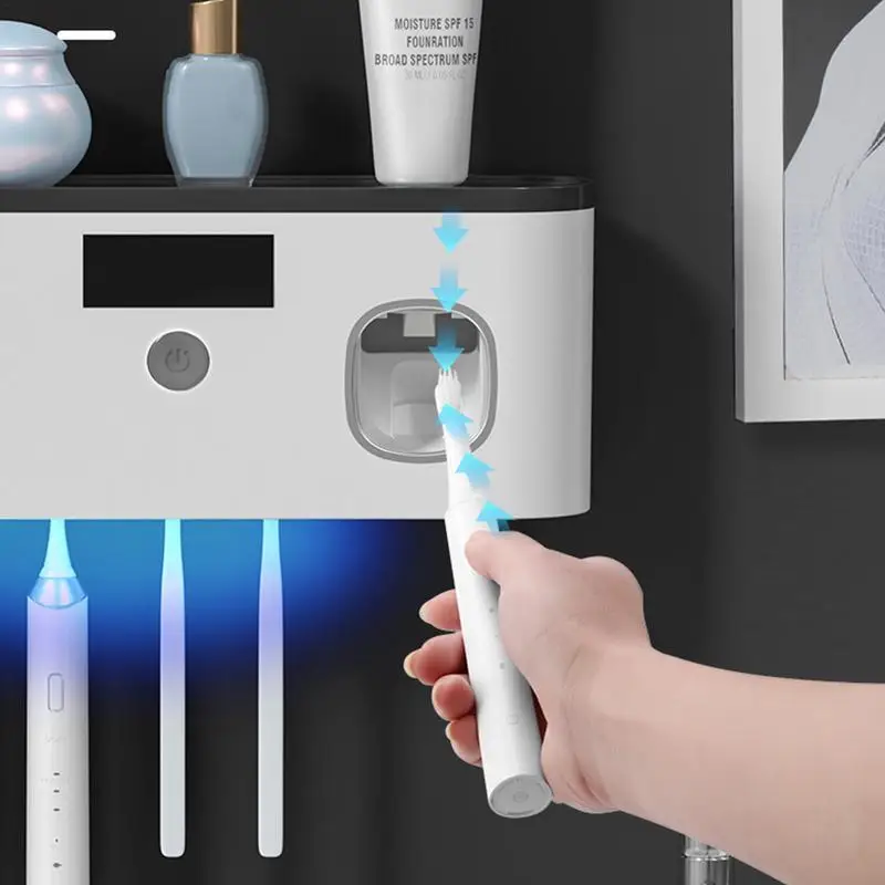 UV Toothbrush Cleaner Holder with Toothpaste Dispenser Dustproof Sticky Wall Mounted Toothpaste Squeezer for Bathroom