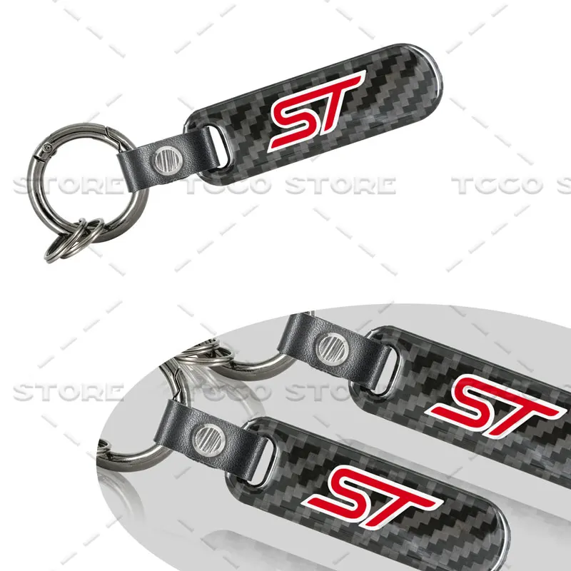 1Pcs Car Carbon Fiber Decor ST Logo Emblem Zinc Alloy Keyrings Keychain Pendant For Ford Focus Fiesta Edge Kuga