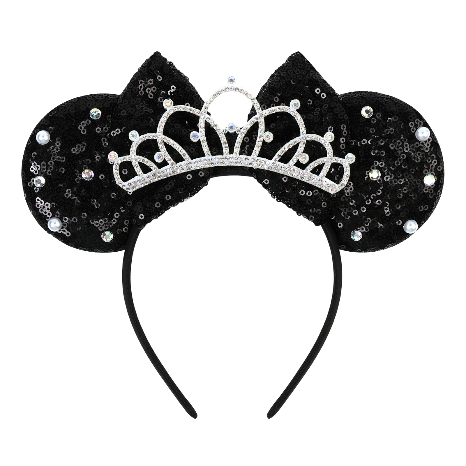 Serre-tête oreilles de Mickey Mouse à sequins noirs, diadème de princesse, bandeau à perles, cerceau à cheveux de dessin animé pour femmes et filles, accessoire de fête d'anniversaire