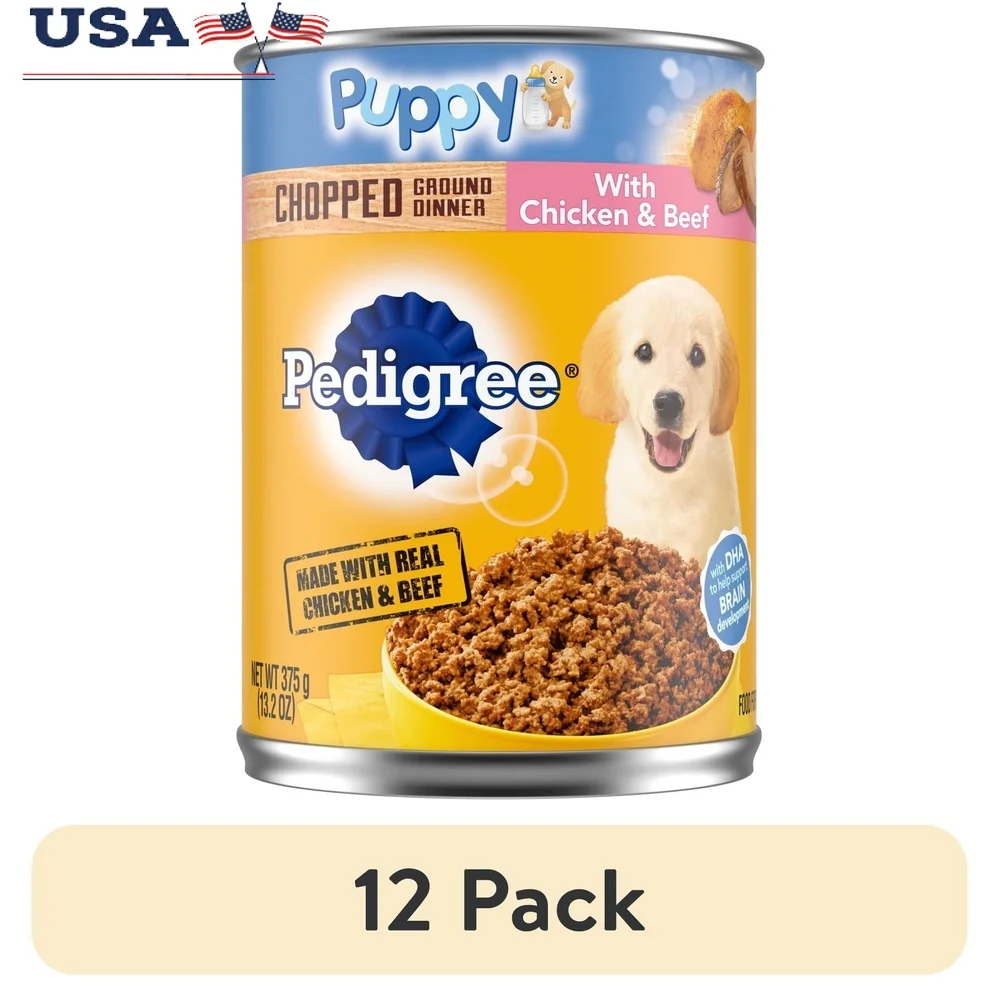 12 Pack Wet Puppy Food Canned Chicken Beef Ground Dinner 13.2 Oz Nutrient Rich Balanced Recipe Healthy Teeth Bones