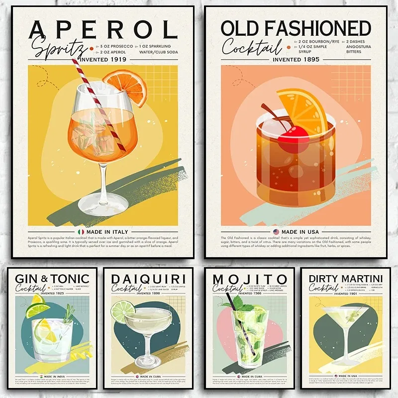 Nordic Minimalist Cosmopolitan Cocktail Drink Vintage Alcohol Recipe Poster Prints Canvas Painting Picture for Modern Room Home