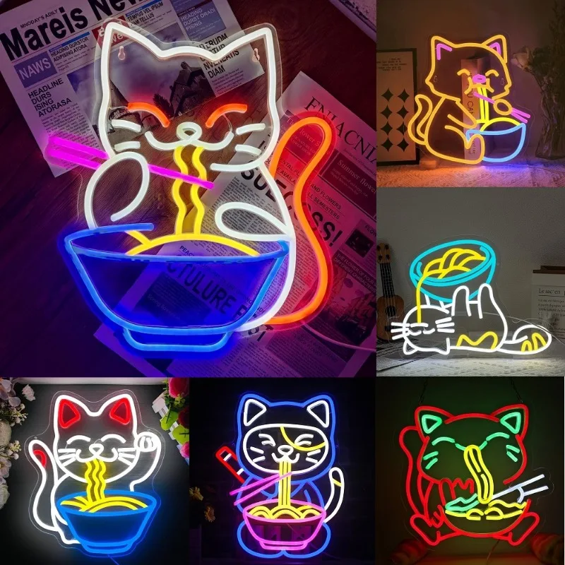 Ramen Cat Neon Signs Noodles Shop Wall Decoration Business Store Led Lights Up Sign For Restaurant Food Shop Lamp Dimmable USB