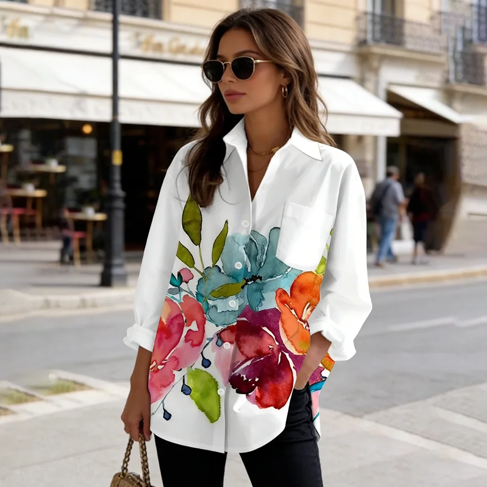 

Женская рубашка с цветочным принтом, длинными рукавами и пуговицами, повседневная блузка из полиэстера с воротником и карманами, подходит для всех сезонов.