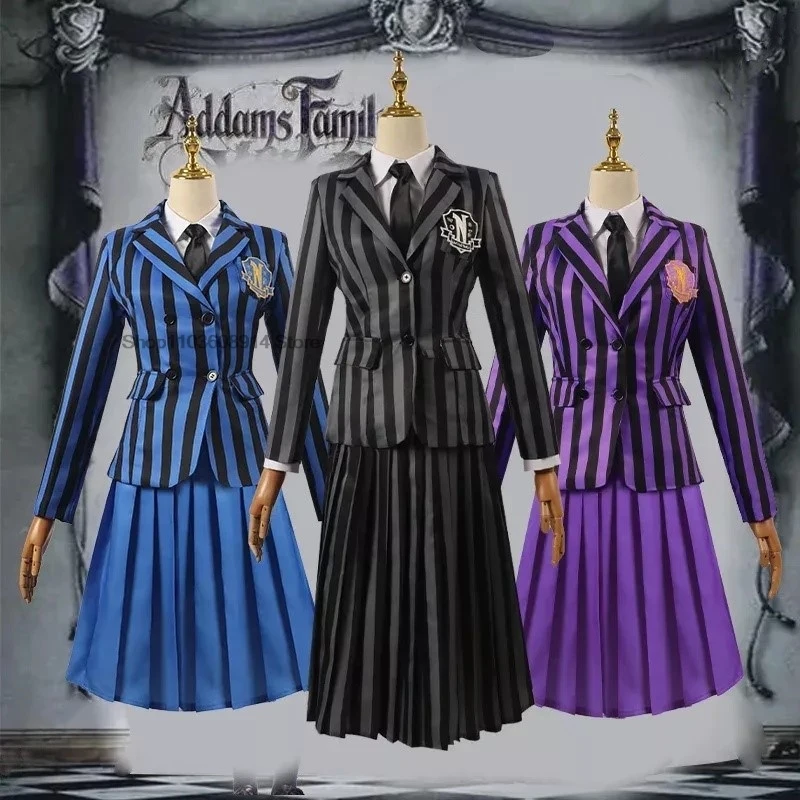 Addams-Disfraz de Cosplay para niña, uniformes de escuela secundaria, regalo de Halloween, falda de fiesta de carnaval, 3 colores