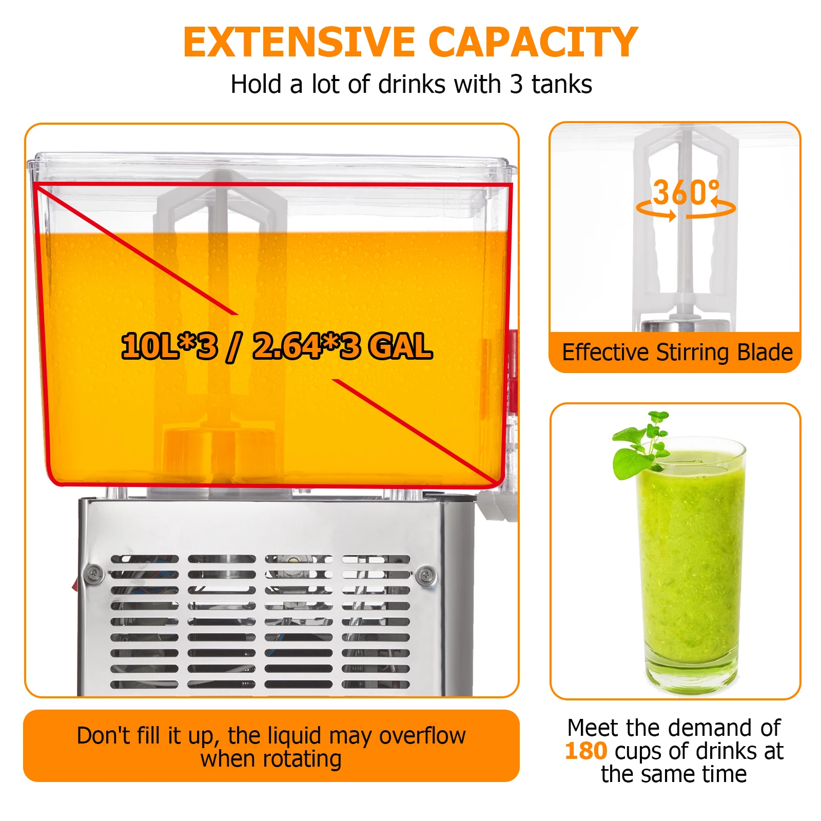 ตู้เครื่องดื่มเชิงพาณิชย์ 3 ถัง, เครื่องดื่มชาน้ําแข็ง, ถังละ 10 ลิตร, ตู้น้ําผลไม้พร้อมตัวควบคุมเทอร์โมสตัท