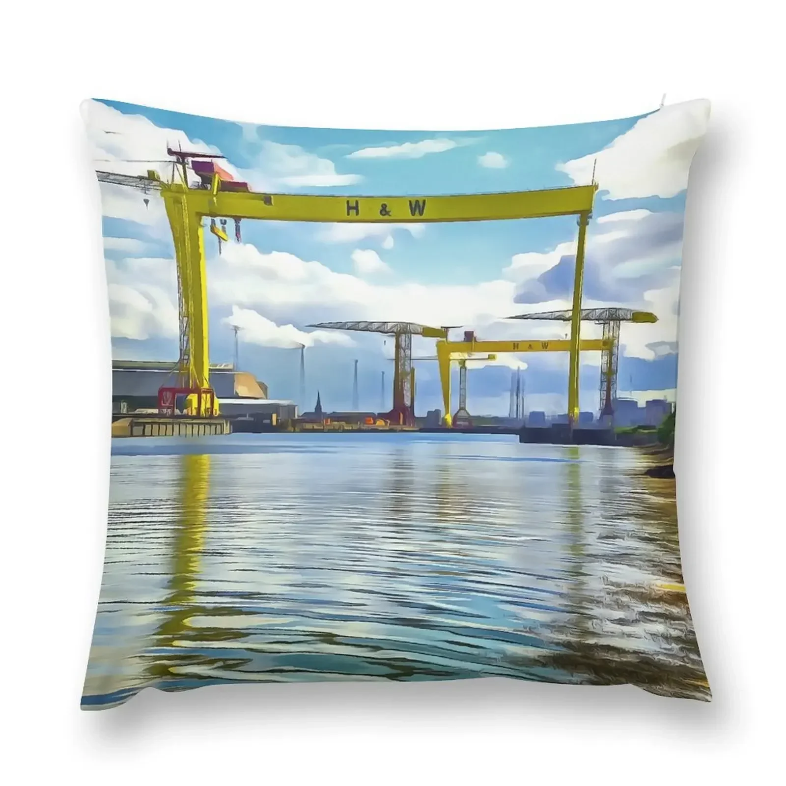 

The Cranes of Belfast, Ireland. (Painting) Throw Pillow Decorative Cushion Cover christmas decorations for home 2025 pillow