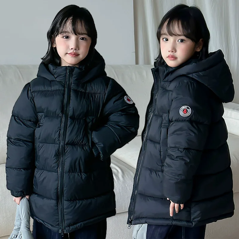 3-12 Years Boys Girls Winter Mid-Length Cotton Coat Kids Hooded Thick Warm Windproof Zipper Jacket Letter Icon Casual Outerwear