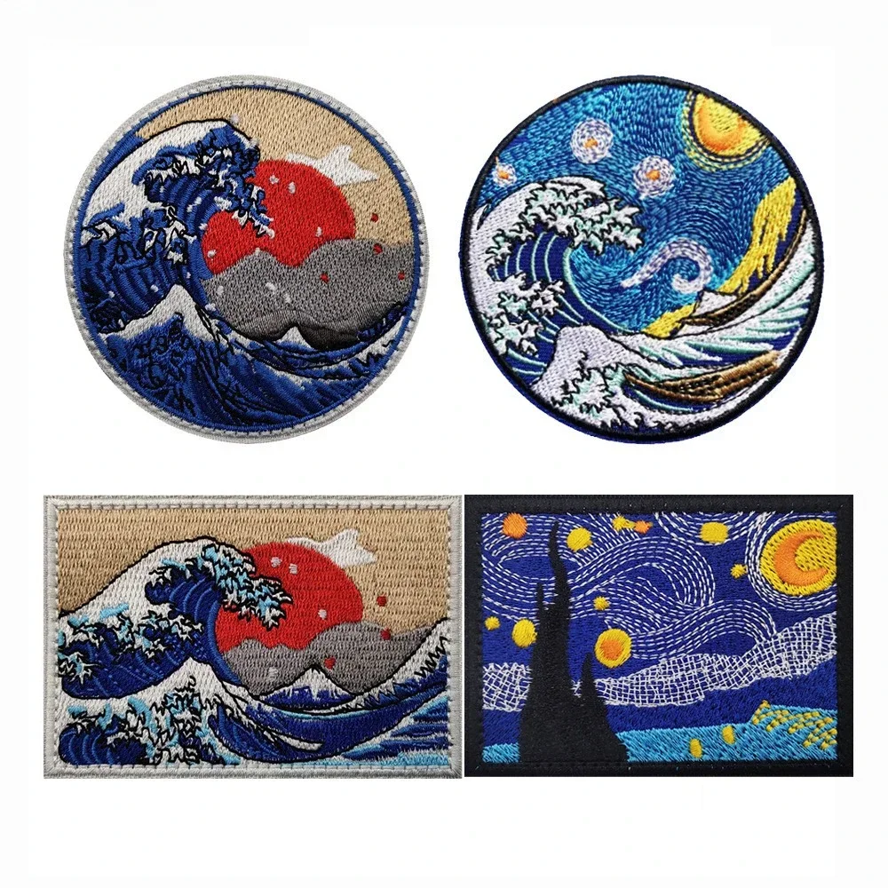 Embroidered The Great Wave Off Kanagawa Japan Patch Hook&Loop Tactical Military Patches Badges Morale for Backpack Cloth Sticker