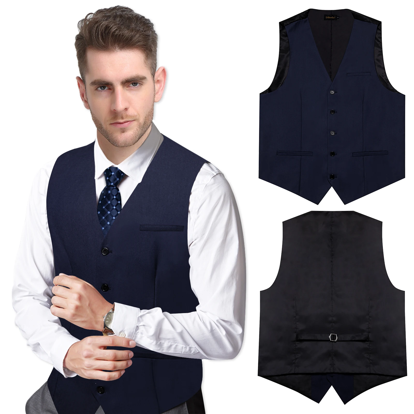 Gilet coupe Slim bleu marine foncé pour hommes, tenue de fête d\'affaires, couleur unie, sans manches, cravate bleue