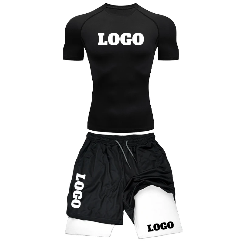 New Custom Compression Set Fitness Suit for Men Quick Dry Shirt Tops+Gym Shorts 2pcs Running Workout Personalized Sportswear