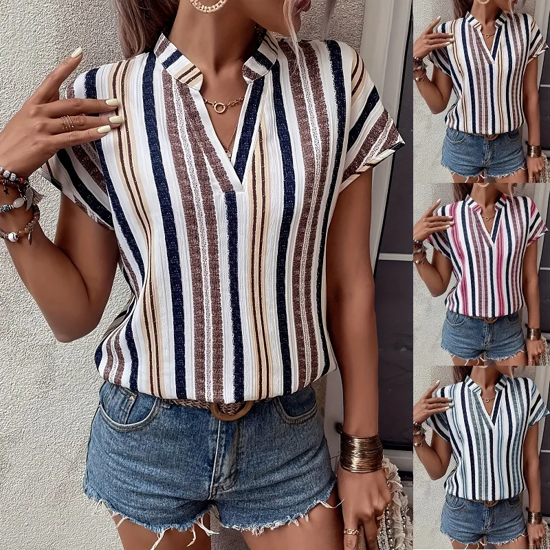 Women's Striped Shirt V-neck Short-sleeved Top Fashion Pullover Casual Simple Street New Summer 2025 Blouses for Female