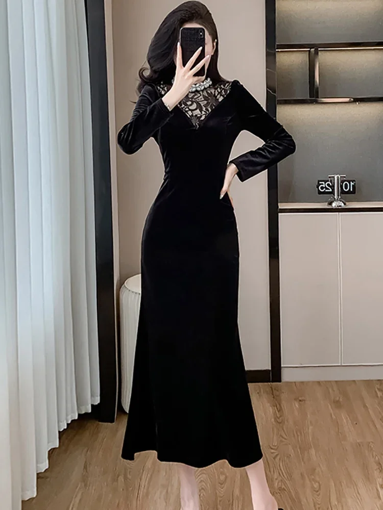 2024 Vintage Luxury International Dress Autumn Winter Black Velvet Patchwork Lace Dress Women New Elegant Party Dress and Events