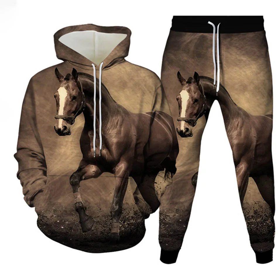 Autunno Animale Cavallo 3D Stampato Felpa con cappuccio Vestito da uomo Felpe Pantaloni sportivi Moda casual Due pezzi Tuta Set Abbigliamento uomo