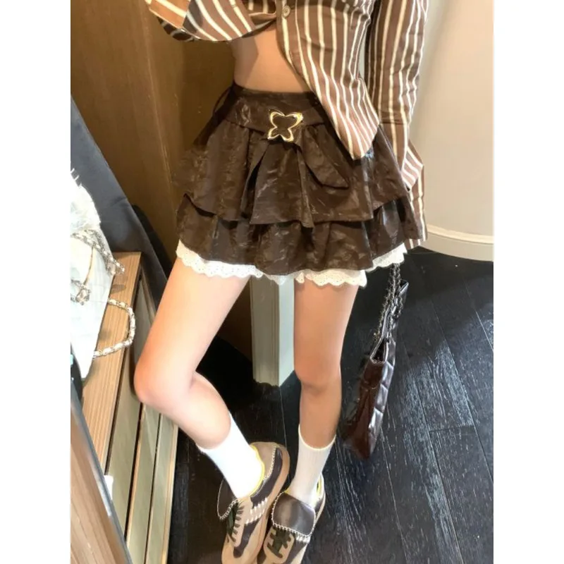 Korean Retro Lace Splicing Loose A-line Skirt Women 2025 Spring New Streetwear High Waist Pleated Contrast Color Sexy Mini Skirt