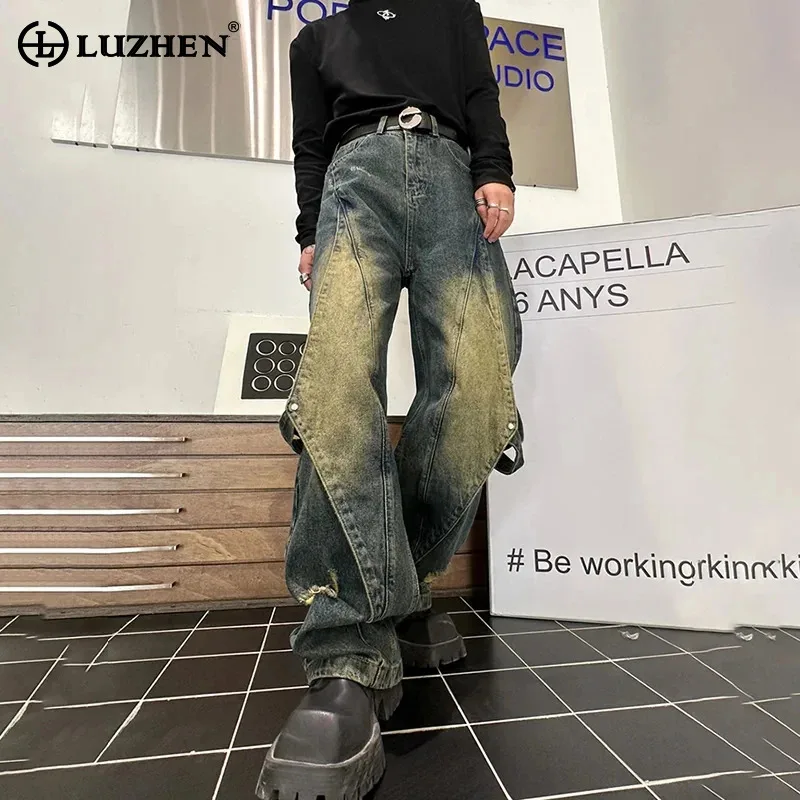 

LUZHEN 2024 Stylish Original Designer Straight Jeans Men's High Street Splicing Loose Fashion Ribbon Decorate Denim Pants LZ4272